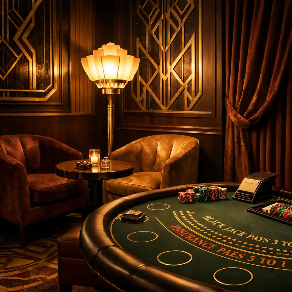 Róg Casino Lounge z miękkimi fotelami, lampą art déco i stolikiem do blackjacka w intymnej atmosferze