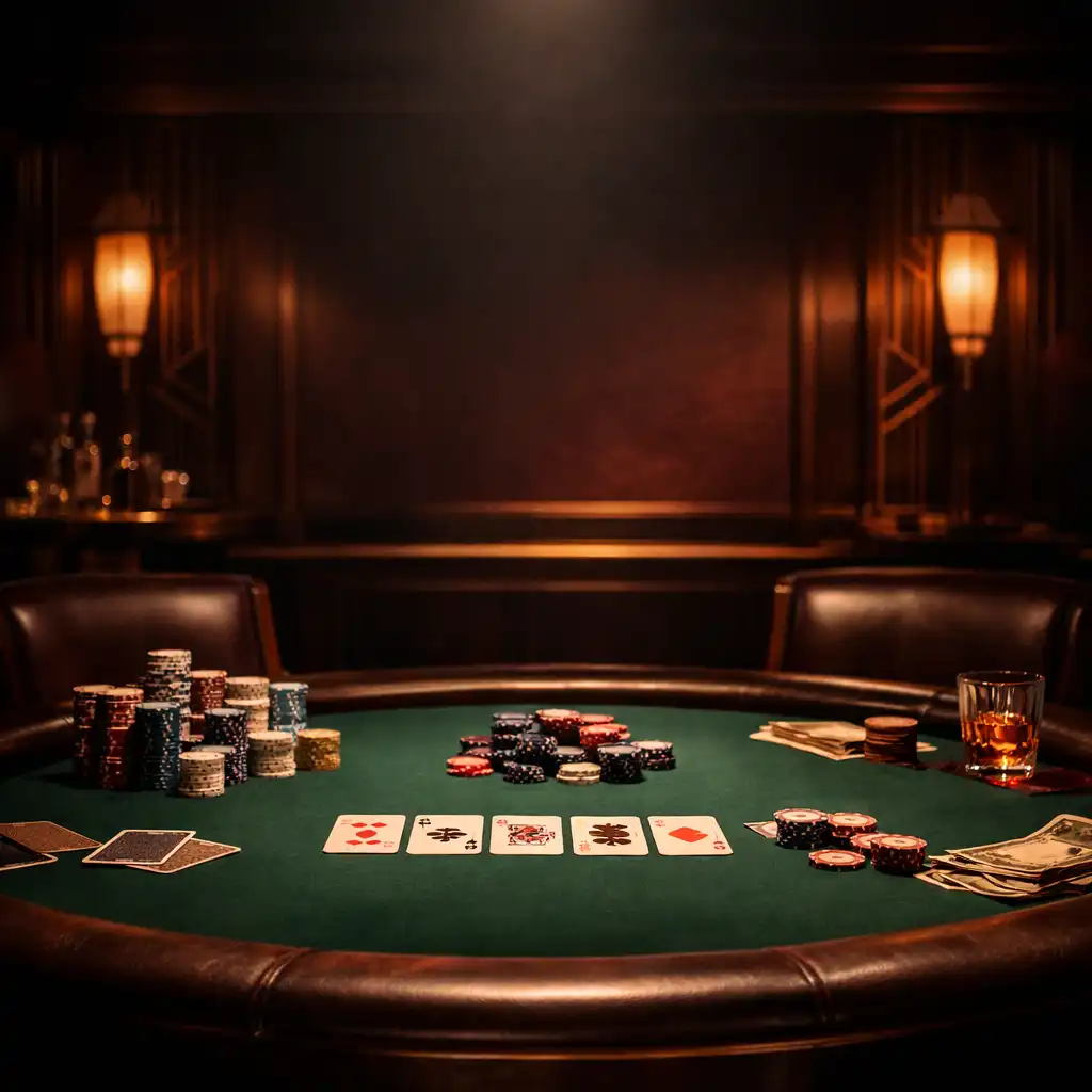 Elegancki stół pokerowy w ciemnym, art déco wnętrzu z zielonym suknem, żetonami i kartami