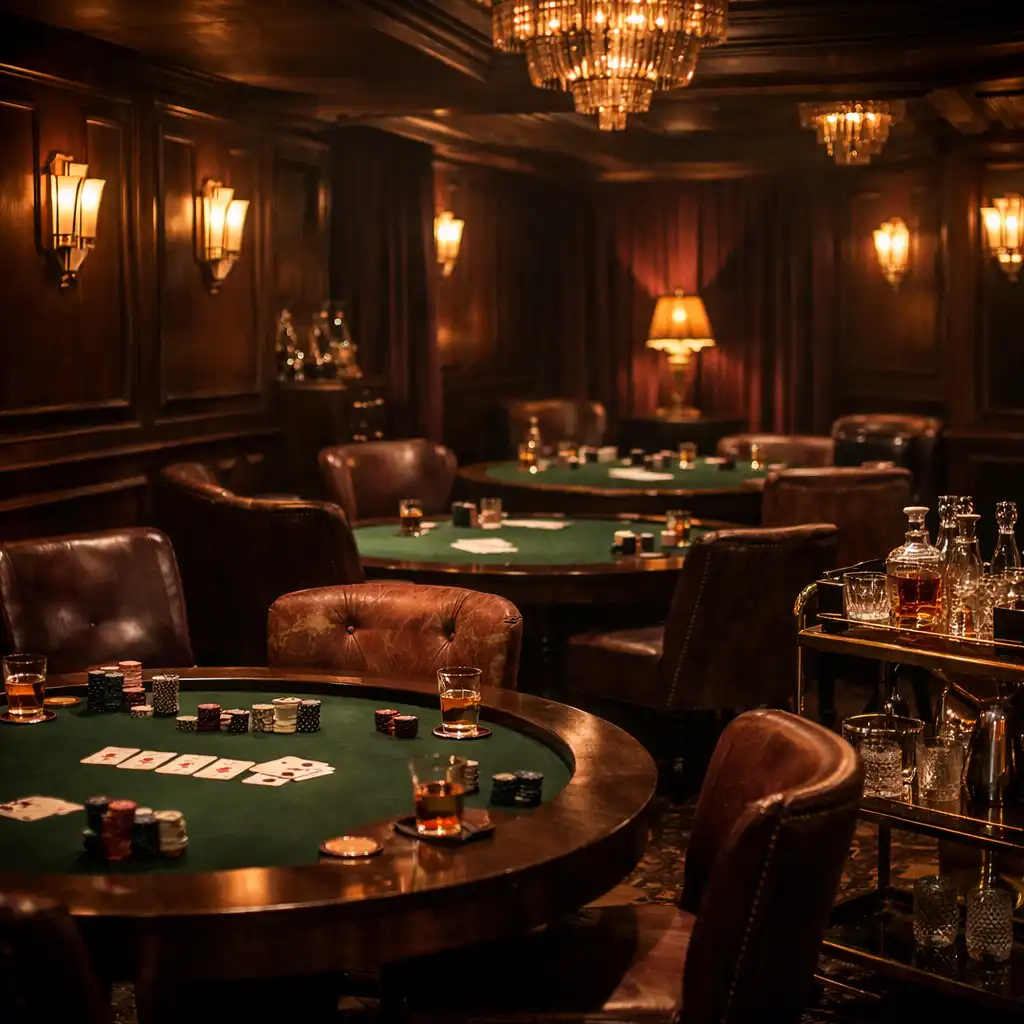 Szerokie ujęcie ukrytego poker roomu z kilkoma stołami, kinkietami art déco i barem z kryształowymi kieliszkami