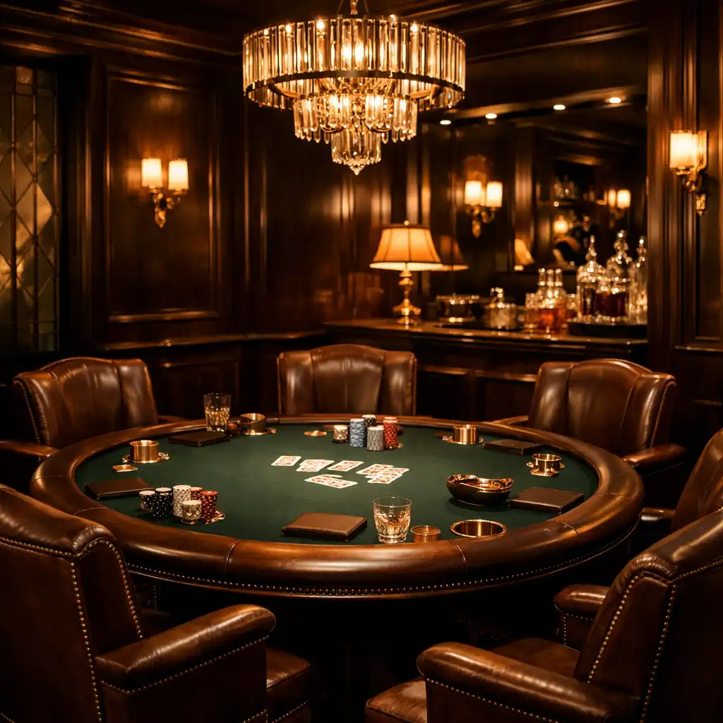 Wnętrze ekskluzywnego poker roomu z okrągłym stołem, skórzanymi fotelami i mosiężnymi akcentami