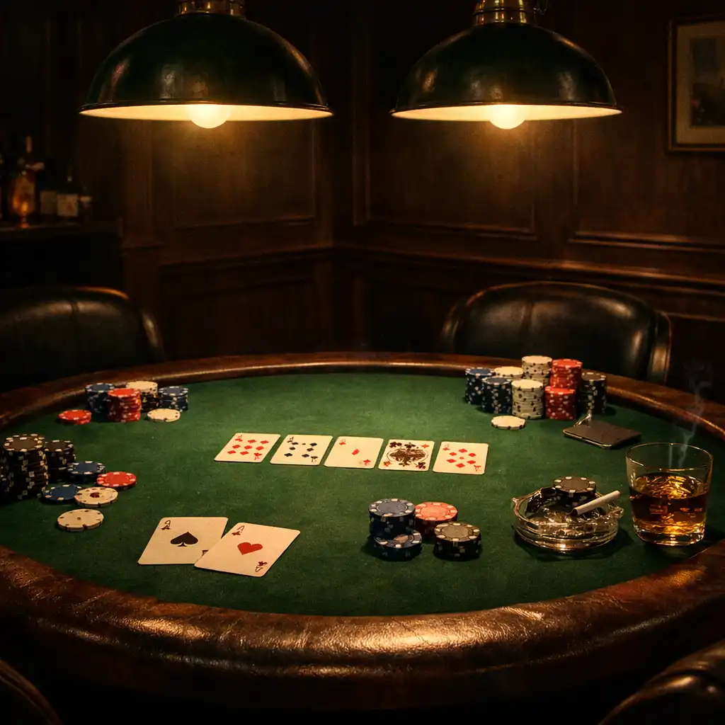 Ukryty poker room z okrągłym stołem i zielonym suknem