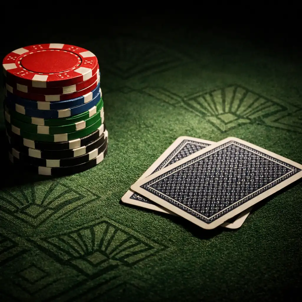 Zbliżenie na blat stołu pokerowego z zielonym suknem, stosem żetonów i kartami