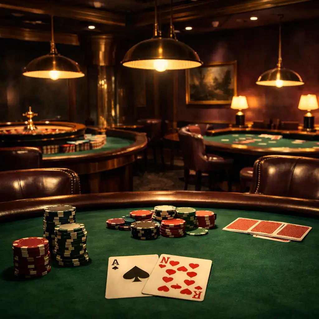 Poker room z zielonymi stołami i art déco detalami